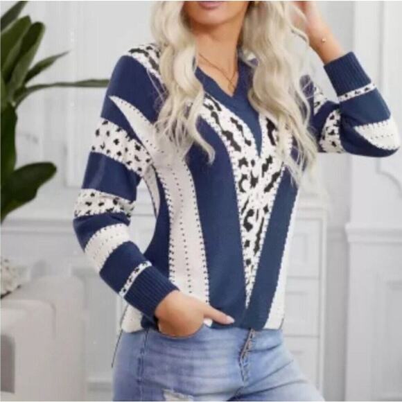 Women's Pullover Popover Chevron Sweater V Neck Leopard Print Blue Sz M - Picture 1 of 9